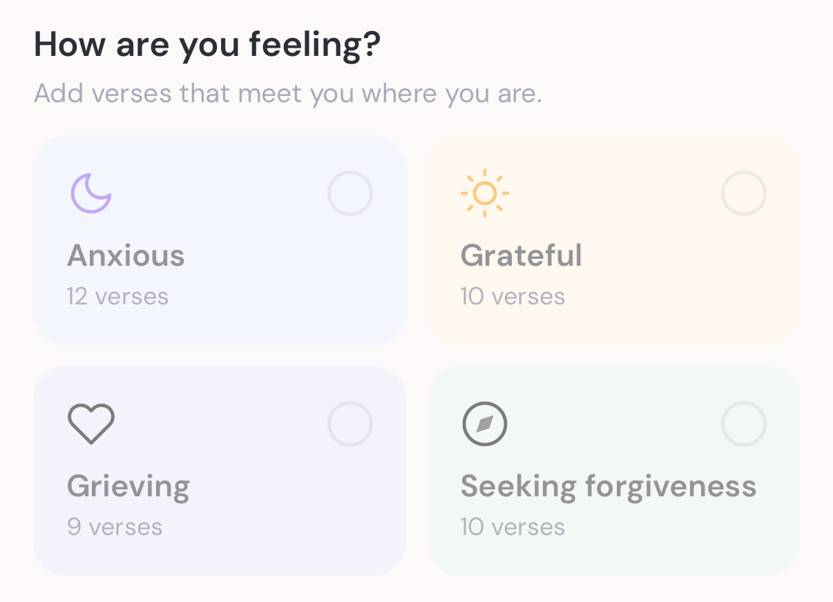 The Nura categories screen — choosing themes like anxious, grateful, and seeking forgiveness