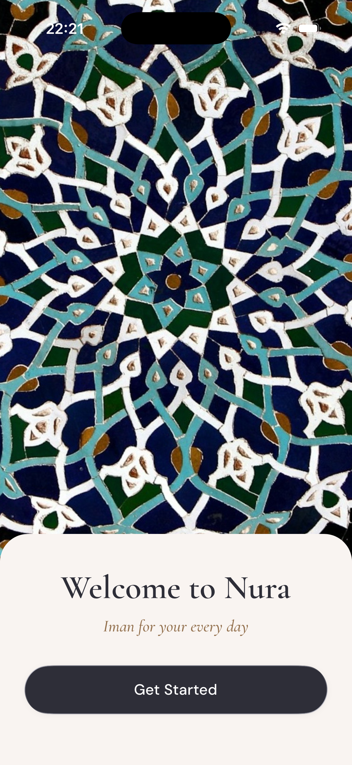 The Nura app welcome screen showing a daily Quran verse and dua